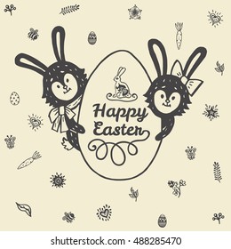 Happy Easter card with rabbits and egg. Vector illustration of Easter ornamental card with hare on beige background.