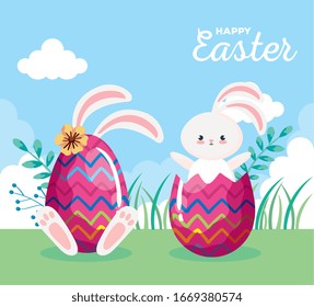 feliz tarjeta de Pascua con conejos y huevos decorados en el diseño de la ilustración del vector paisaje
