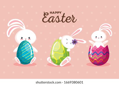 happy easter card with rabbits and eggs decorated vector illustration design
