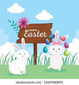 happy easter card with rabbits and eggs decorated in landscape vector illustration design