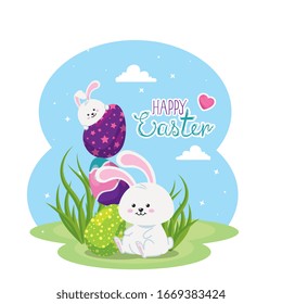 tarjeta de Pascua feliz con conejos y huevos en el diseño de la ilustración del vector paisaje