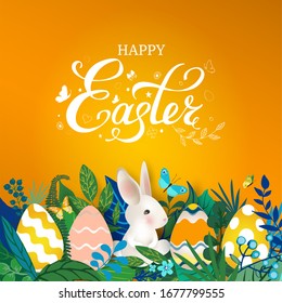 Happy Easter card with rabbits, eggs, leaves, flowers, butterflies. Cute easter banner with white hares on bright orange background. For festive invitation, kids, design elements. Vector illustration.