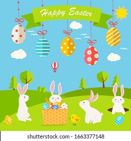 Happy Easter card with rabbits, hanging Easter eggs, chick, green grass, vector