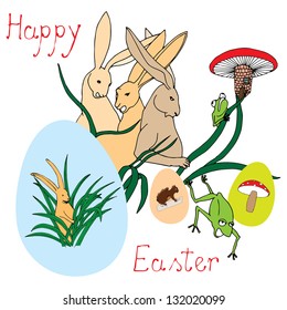 Happy Easter card with rabbits, mushrooms, eggs, frogs and typography