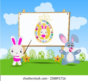 Happy Easter card with  rabbits nearby wood board                