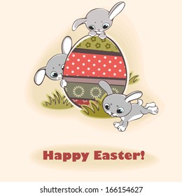 happy easter card. rabbits on grass with eggs. vector illustration.