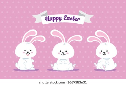 happy easter card with rabbits vector illustration design
