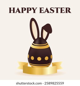 Happy Easter card with realistic chocolate egg with gold stripe,bunny ears . Holiday greeting poster. Spring vector illustration. Design for banner, social media, brochure, presentation, invitation