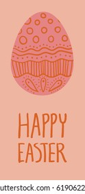 Happy Easter card. Red decorated egg on peach background, hand lettering. Vertical DL size.