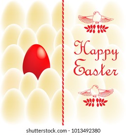Happy Easter card with red egg and inscription. Vector illustration with mesh elements.