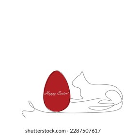 Happy easter card with red egg and cat line drawing vector illustration