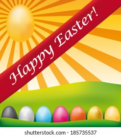Happy Easter card with red ribbon. Vector illustration.