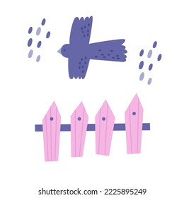 Happy Easter card. Religion spring holiday. Cute card with flying bird.Vector cute flat pink and purple illustration with pastel colors