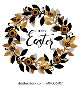 Happy easter card. Round vintage frame with gold texture leaves, flowers and  handwritten calligraphy lettering on white background.  Vector illustration.