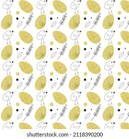 Happy Easter card seamless pattern with decorated Easter eggs, flowers, wheat,dots. Vector illustration flat design for invitations, prints, wrapping paper