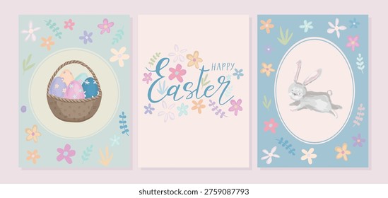 Happy Easter card set. Colorful vector background with rabbit, eggs, flowers