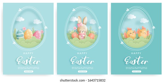 Happy Easter card set with cute bunny and Easter egg. Vector illustration.