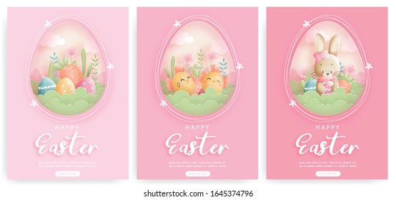Happy Easter card set with cute bunny and Easter egg. Vector illustration.