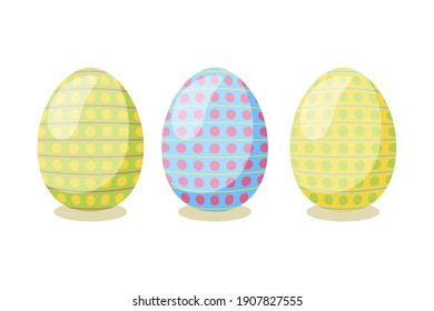 Feliz tarjeta de Pascua. Juego de bonitos huevos de Pascua con diferente textura sobre un fondo blanco.  Ilustración aislada por vectores. 