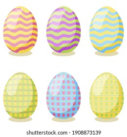 Feliz tarjeta de Pascua. Juego de bonitos huevos de Pascua con diferente textura sobre un fondo blanco.  Ilustración aislada por vectores. 