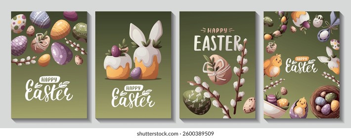 Happy Easter card set with decorated easter eggs, bird's nest, easter cake, chicks, wreath. Vector illustration for poster, card, cover.