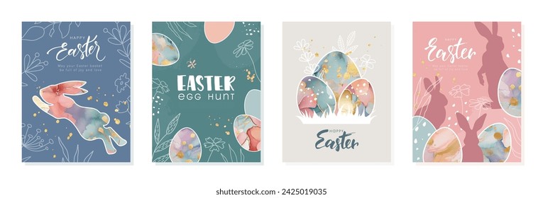 Happy Easter card set. Design with beautiful painted eggs, rabbits, various spring plants, golden splashes and handwritten inscription. Vector illustration.