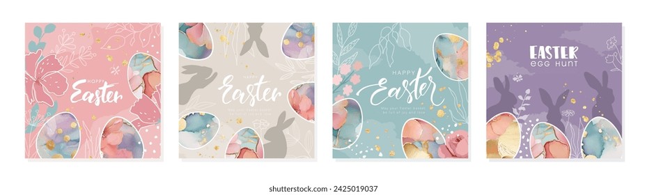 Juego de tarjetas de Pascua Feliz. Diseño con hermosos huevos pintados, conejos, varias plantas de primavera, salpicaduras de oro e inscripción manuscrita. Ilustración vectorial.