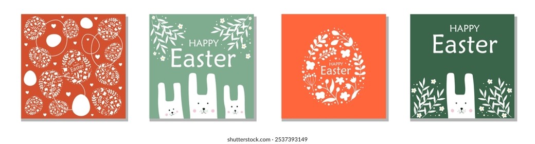 Conjunto de tarjeta de Pascua feliz. Diseño con huevos pintados, conejos, varias plantas de primavera. Ilustración vectorial.