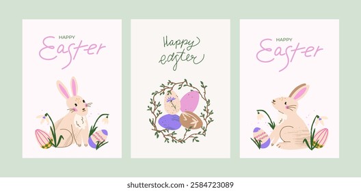 Happy Easter card set. Trendy greeting cards with cute bunny, eggs, snowdrop flower, wreath. Pastel and elegant vector illustration with hand drawn calligraphy