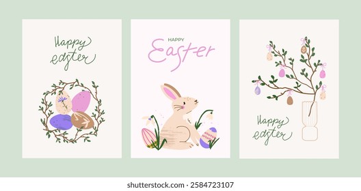 Happy Easter card set. Trendy greeting cards with cute bunny, eggs, egg tree centerpiece, snowdrop, wreath. Pastel and elegant vector illustration with hand drawn calligraphy