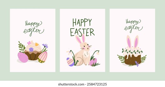 Happy Easter card set. Trendy greeting cards with traditional pastry, cupcake, bunny, eggs, snowdrop. Pastel and elegant vector illustration with hand drawn calligraphy