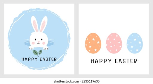 Cartel de la tarjeta Happy Easter con dibujos animados de conejo conejo conejo, huevos de Pascua e ilustración vectorial de fuentes escritas a mano. 