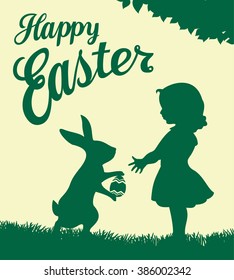 Happy Easter card with silhouettes. Bunny brings egg for cute little girl.