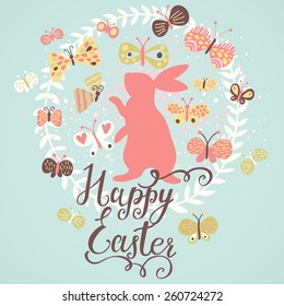 Happy easter card in spring colors. Stylish rabbit with butterflies in floral wreath. Bright floral background in modern style in vector