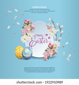 Happy Easter Card with spring flowers, eggs and flying white petals