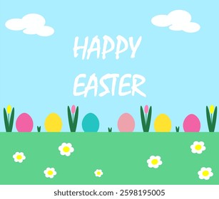Happy Easter card with spring landscape, Easter eggs and spring flowers