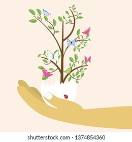 Happy Easter card. Spring tree with Easter egg on woman hand. Vector image. Women's hand holding Easter egg