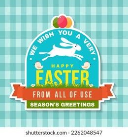 Happy Easter card, sticker, patch. Vector. Typography design with easter rabbit, eggs and birds. Modern minimal style. For poster, greeting card, overlay, sticker