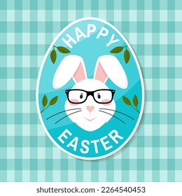 Feliz tarjeta de Pascua, pegatina, parche. Vector. Diseño tipográfico con conejo de Pascua, huevos y pájaros. Moderno estilo minimalista. Para el afiche, tarjeta de saludo, superposición, pegatina