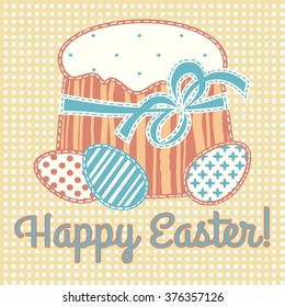 Happy Easter card stylized applique on fabric with easter eggs and 