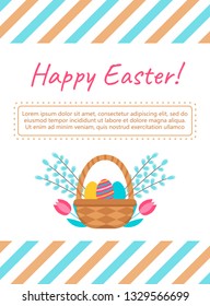 Happy Easter card template with basket and eggs. Symbol of the feast of Easter Decorative design element in a flat style for greeting cards, posters, banners, advertising. Vector art illustration.
