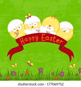 Happy Easter card template, basket with  eggs and flowers.