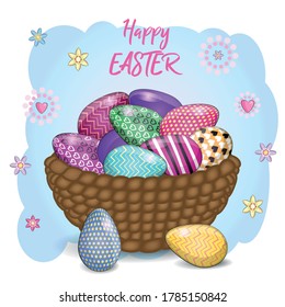 Happy Easter. Card template with basket of eggs, grass and flowers. Flower paints