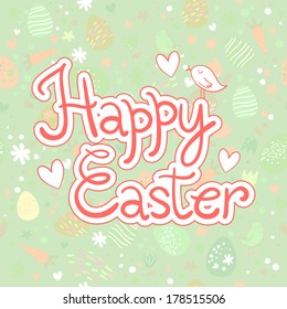 Happy Easter card template with bird and hearts. Easter seamless pattern. Vector background.