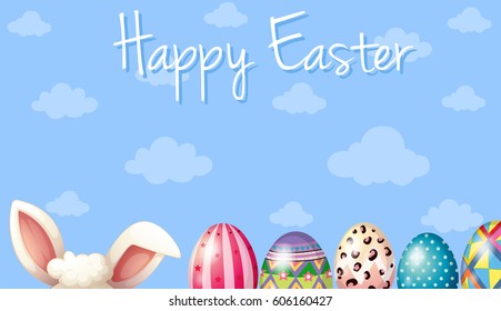 Happy Easter card template with bunny and eggs illustration