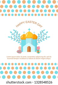 Happy Easter card template with cathedral, willow and eggs. Orthodox church. Decorative design element in a flat style for greeting cards,  banners, advertising. Vector art illustration.