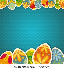 Happy Easter card template, colored eggs and polka dot pattern