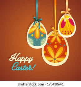 Happy Easter card template, colored eggs and polka dot pattern 