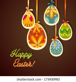 Happy Easter card template, colored eggs and polka dot pattern 