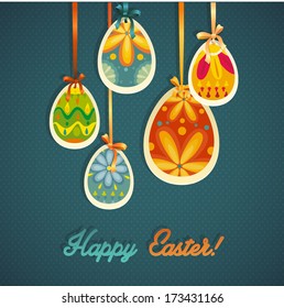 Happy Easter card template, colored eggs and polka dot pattern 